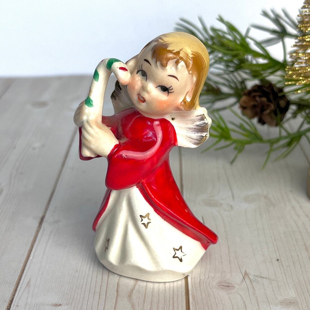Vintage 1950-60s Porcelain Christmas Angel Red Dress Candy Cane Gold Japan Retro